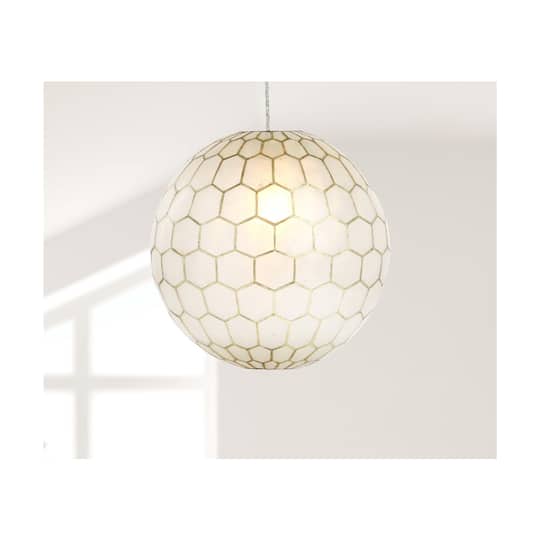 Capiz Honeycomb Globe Pendant Light, Capiz White Seashells with Antique Gold